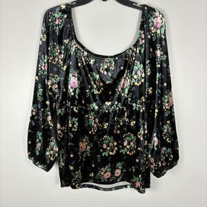 Cato Women's Black Floral Velvet Peasant Top XL Long Sleeve Boho Romantic